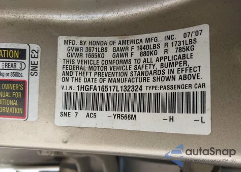 2007 Honda Civic Lx from USA, damaged, VIN 1HGFA16517L132324